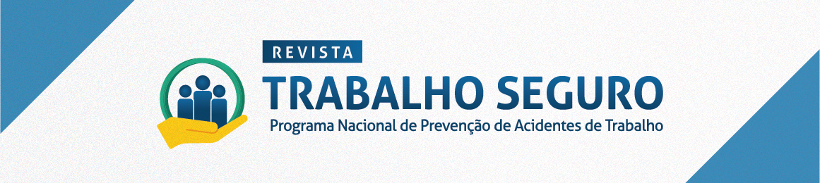 A imagem apresenta o Banner da Revista Trabalho Seguro. À esquerda, há um círculo com ícone formado por três figuras humanas em azul e uma mão amarela aberta abaixo delas.  À direita do ícone, aparecem os seguintes textos, em três linhas:  REVISTA (em branco sobre fundo azul-escuro)  TRABALHO SEGURO (em azul-escuro, em destaque)  Programa Nacional de Prevenção de Acidentes de Trabalho (em azul-escuro, em letras menores)  A imagem é usada como identificação visual da Revista Trabalho Seguro.